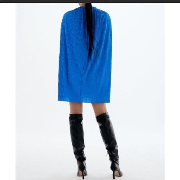 NWT Zara Blue Pleated Cape Dress size Small - Picture 7 of 10